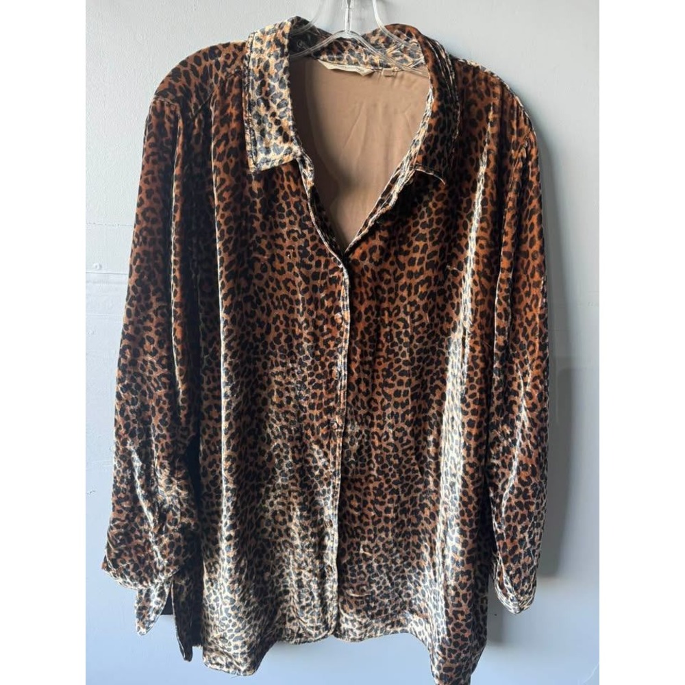 Soft Surroundings Women 2X Leopard Print Velvet Button Down Shirt Brown Animal